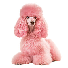 Adorable fully grown pink poodle dog with fluffy fur on a white background, perfect for pet and animal themes