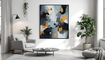 Wall Mural - a gray armchair, a round coffee table, and a large abstract painting on the wall. Cozy modern living room with photo frame design