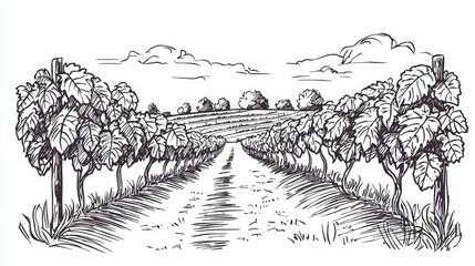 Fototapete - A hand-drawn illustration of a vineyard path lined with grapevines and trees.