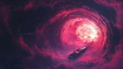Wall Mural - Spaceships navigating a swirling red nebula, cosmic vortex.