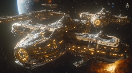Wall Mural - Futuristic spaceships orbiting a planet amidst explosions.