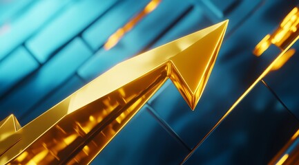 Poster - Golden arrow pointing upward on a blue background.