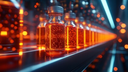 Poster - Amber vials filled with liquid on a shelf, illuminated by orange and blue light.