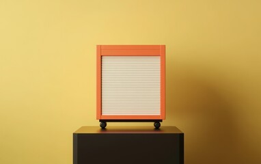 Wall Mural - A 3D illustration of a white and orange box with a roller shutter on a black table base, shown in a front view. 