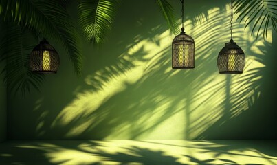 Poster - Tropical room with hanging lanterns and palm shadows.