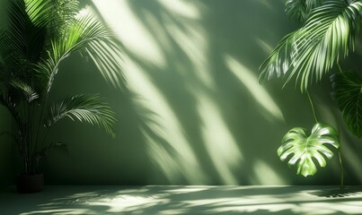 Poster - Lush tropical plants frame a green wall, sunlight casts shadows.