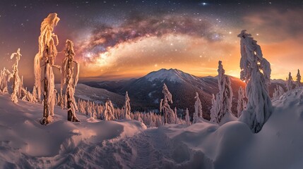 Wall Mural - Snowy mountain peak at night with Milky Way galaxy.