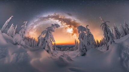 Wall Mural - Milky Way arch over snowy mountain range at sunset.