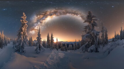 Wall Mural - Milky Way arch over snow-covered pine forest at sunrise.