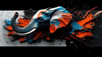 Wall Mural - Abstract elephant head in vibrant blue, orange, and white paint splash.