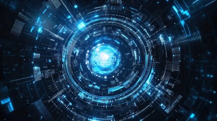Blue glowing digital sphere, futuristic technology, abstract background, website banner