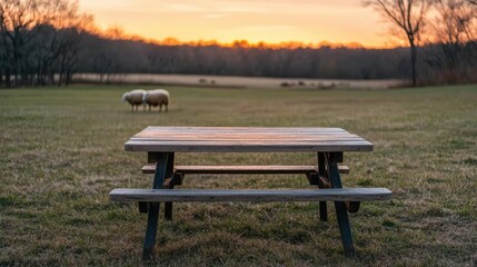 Poster - Picnic table inviting to rest in a farm at sunset with sheep grazing