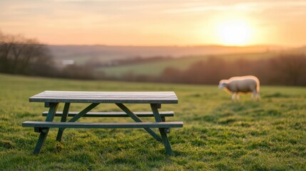 Fototapete - Picnic table inviting to rest in peaceful farm environment at sunset