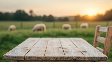 Poster - Empty wooden table with sheep grazing in the background at sunset