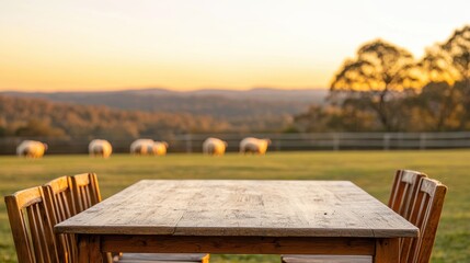 Poster - Empty wooden table with chairs overlooking sheep grazing in warm morning light