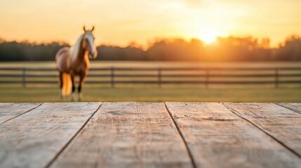 Poster - Empty wooden table overlooking horse in paddock at sunset