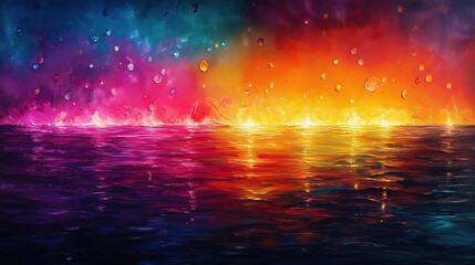 Wall Mural - A painting of a colorful ocean with a rainbow in the sky