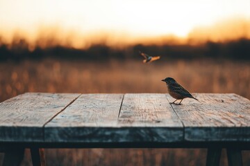 Poster - Bird standing on a wooden table in a field at sunset
