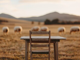 Poster - Empty wooden table and chair in a field with grazing sheep at sunset
