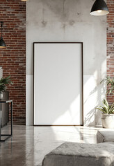 Wall Mural - a large white picture frame on a brick wall, with a large window allowing natural light to illuminate the space. Cozy modern living room with photo frame design