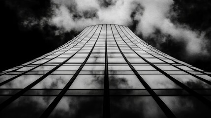 Poster - Skyscraper Reflection Dramatic Cloudscape Black White