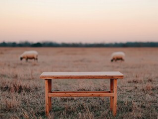 Poster - Wooden table standing in open field with sheep grazing in soft morning light, cozy rural ambiance