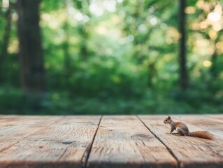 Poster - Squirrel exploring empty wooden table in peaceful forest
