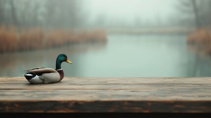 Aufkleber - Mallard resting on wooden table near pond in foggy morning
