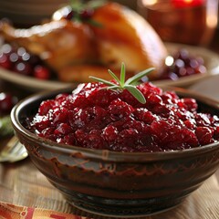 Bowl of cranberry sauce with roasted turkey in background.