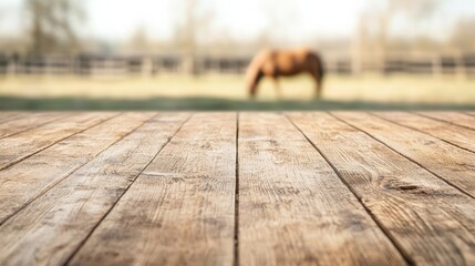 Aufkleber - Empty wooden table with blurred horse grazing in the background