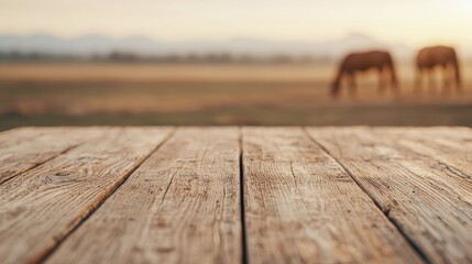 Fototapete - Empty wooden table overlooking grazing horses in a farm at sunset