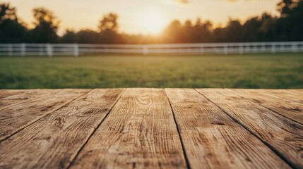 Poster - Empty wooden table overlooking a horse paddock at sunset, creating a peaceful farm ambiance