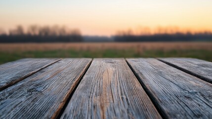 Poster - Weathered wooden table in a field at sunset creating a rustic outdoor atmosphere