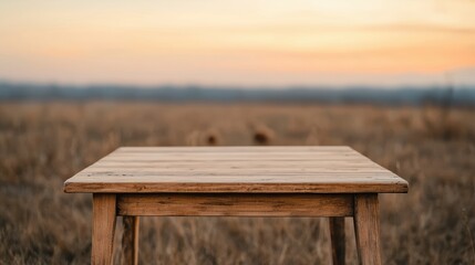 Poster - Empty wooden table standing in field at sunset, showcasing rustic outdoor atmosphere