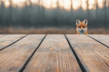 Fototapete - Wooden table with curious fox observing in the background, misty forest