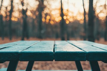 Poster - Blue wooden picnic table inviting to sit and relax at sunset in the forest