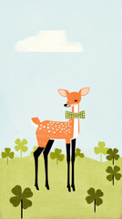 Wall Mural - friendly deer with green bow tie stands in field of clovers