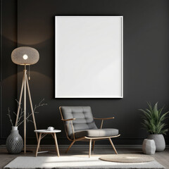 Wall Mural - a gray armchair, a white coffee table, and a floor lamp with a round base and a beige lampshade. Cozy modern living room with photo frame design