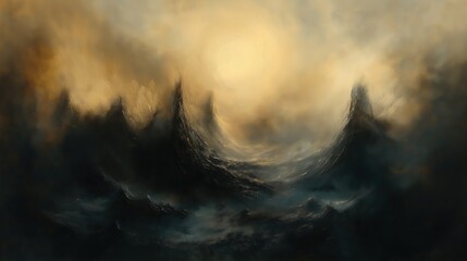 Wall Mural - A painting of a stormy sea with a sun in the background