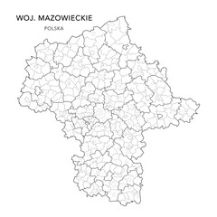 Wall Mural - Administrative Vector Map of the Masovian Voivodeship (Mazowieckie) with Municipality Areas (Obszary Gmin), Municipalities (Gminy), Counties (Powiaty) and Warsaw Districts (Dzielnica) - Poland 2025