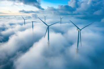 Aerial view wind turbines in clouds, energy, renewable