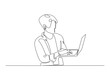 © tri - Young woman holding laptop in continuous one line design. Single line draw of student holds netbook.