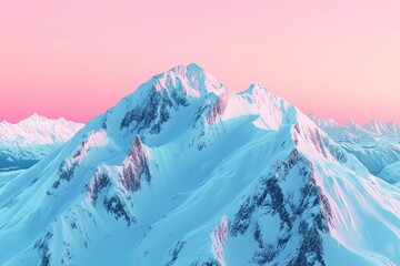 Wall Mural - pink dawn over snowy mountain range, aerial view, winter landscape, travel poster
