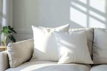 Wall Mural - Sunlight streaming through a nearby window illuminates a comfortable white sofa