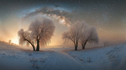 Wall Mural - Winter landscape with frosty trees under the Milky Way.