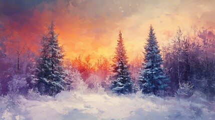 Wall Mural - Snowy winter forest at sunset.