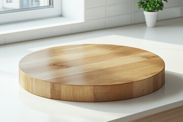 Wall Mural - Round wooden cutting board kitchen countertop sunlight