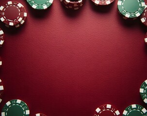 A red felt surface with poker chips scattered around the outside edge of the frame. On a dark red background. This could be used for an online casino website banner