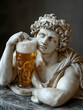 © EvgeniiAnd - an ancient marble statue drinking beer. A sad young boy sitting with a pint glass in the pub.