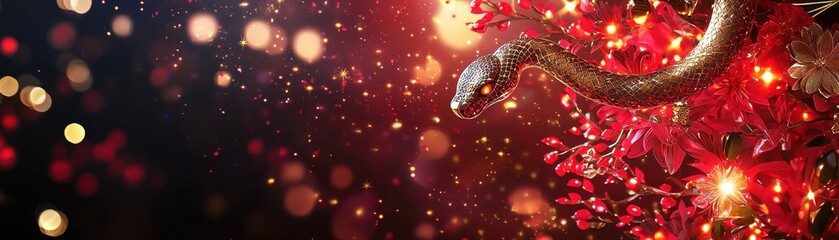 Poster - Celebratory 3D Banner with Red and Gold Elements for Festive Occasions Featuring a Snake and Floral Background